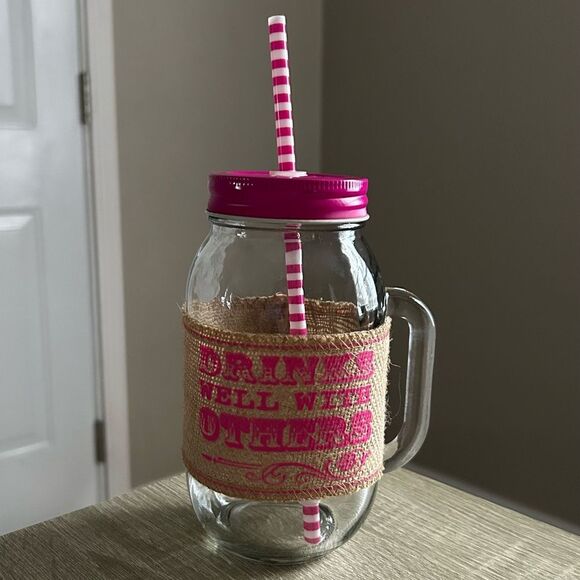 NWOT Rustic “Drinks Well With Others” Mason Jar with Handle - Picture 1 of 2